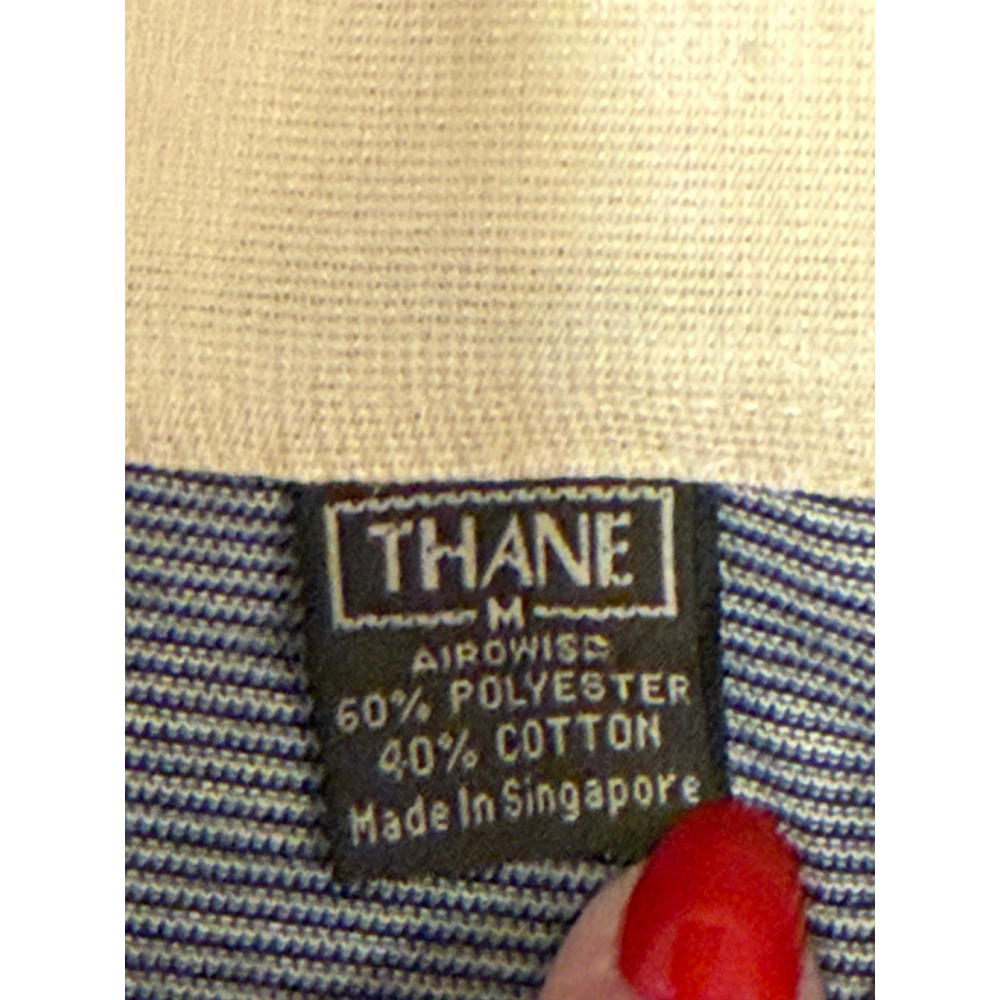 Vintage Thane Polo Shirt Mens Medium Cream/Navy Collar Pocket Airwise 60/40 - Picture 5 of 5